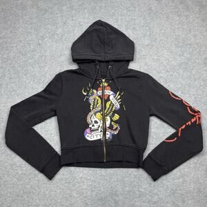 Ed Hardy Cropped Hoodie Black New York City NYC Skull Womens Size Small Y2K